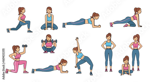 Cartoon fitness woman character set, flat vector illustration, sportswear, multiple workout poses and exercises, modern clean style, white background.
