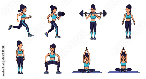flat vector illustration, sportswear, multiple workout poses and exercises, modern clean style