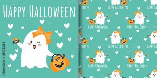Halloween banner and seamless pattern. Cute ghost sticking out his tongue, wearing ribbon, holding Halloween basket full of candies on light green background with white hearts.