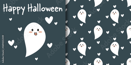Halloween banner and seamless pattern. Cute little ghost sticking out his tongue with white hearts with Happy Halloween text on dark gray background.