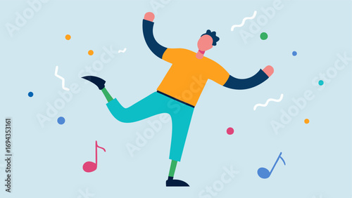 Dancing Joyfully A lively scene of an individual with a prosthetic limb gracefully dancing at an outdoor event with colorful musical notes floating around to convey rhythm and joy.