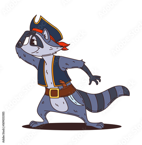 Raccoon pirate or corsair cartoon animal character of ship crew, vector personage. Caribbean pirate funny raccoon or sailor animal in captain tricorne hat with saber or sailboat watchman looking out