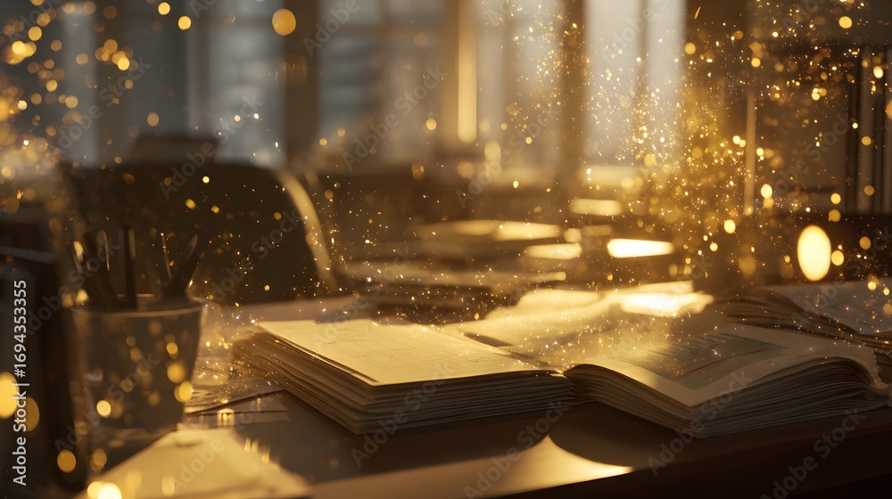 Obraz premium Book pages open with golden light bokeh on desk for study reading and knowledge inspiration concept