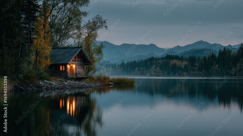 Fototapeta premium Tranquil lakeside cabin illuminated by warm light during dusk with mountain backdrop and calm water reflection