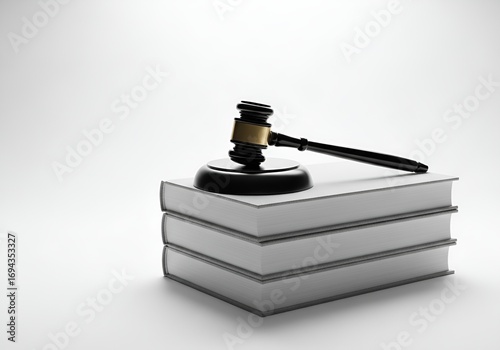 Wooden judge gavel on stack of books on plain light background
