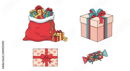 Joyful holiday gifts overflow from Santa's sack with beautifully wrapped presents and festive candy for a perfect festive celebration, Generative AI.