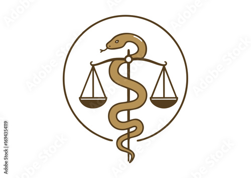 Symbolic Harmony Scales of Justice intertwined with the Serpent of Medicine Icon
