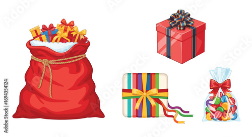 Joyful holiday gifts galore a festive collection of Santa's sack wrapped presents and candy for Christmas celebrations and seasonal promotions, Generative AI.