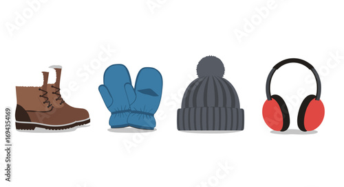Cozy winter essentials including warm boots blue mittens a gray beanie and red earmuffs ready for cold weather adventures, Generative AI.