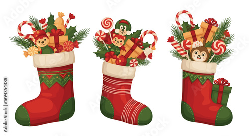 Delightful Christmas stockings overflow with festive treats gifts and playful characters bringing holiday cheer and seasonal joy to any project, Generative AI.