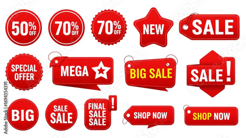 Red Discount Tags Vector Set | Sale Badges, Special Offer Labels and Shopping Icons Collection