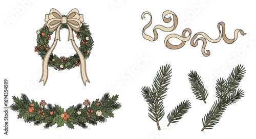 Festive Christmas wreath and garland elements with pine branches and decorative ribbons for holiday design projects, Generative AI.