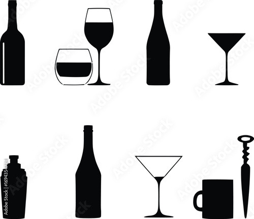 Black and white vector illustration of wine bottles and glasses for bar and restaurant design use
