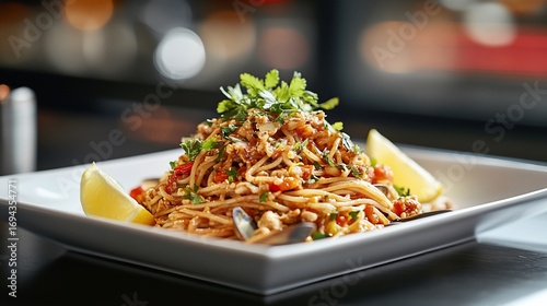Seafood pasta dish served on plate, restaurant lights in background, food blog