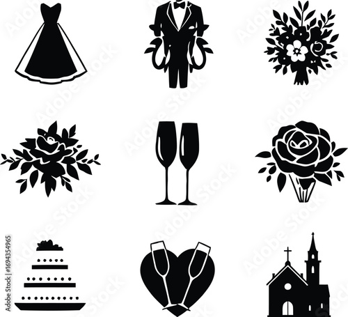 Wedding vector icons set bride groom cake church champagne bouquet flowers dress celebration 100