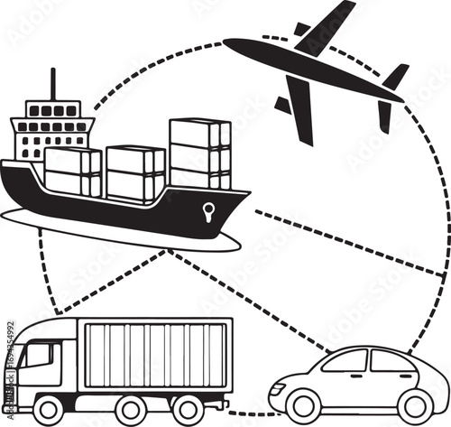 Global Logistics and Transport Illustration – Air, Sea, Land Freight and Warehouse Supply Chain Concept