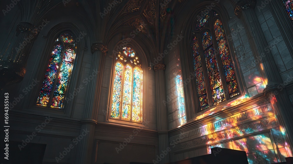 Fototapeta premium Stained glass windows illuminate a quiet interior during golden hour at a historic church