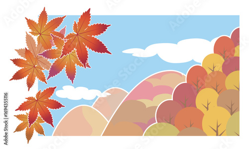 快晴の空に紅葉した山々ともみじの風景イラスト