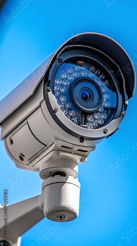 Security camera on a pole with a blue sky background, useful for surveillance