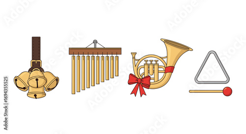Festive musical instruments collection featuring sleigh bells chimes a French horn with a bow and a triangle with beater perfect for holiday celebrations, Generative AI.