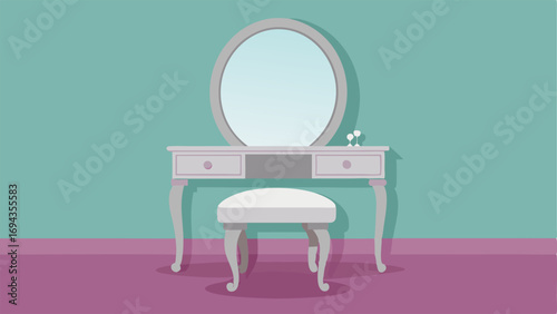 A mirrored vanity table with a modern silver stool perfect for getting ready in style.