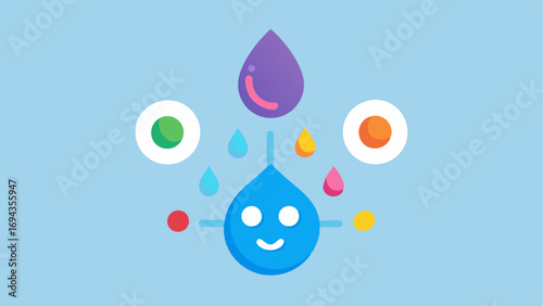 Exosome Serum Droplets A closeup vector showing various colorful serum droplets infused with exosomes falling onto a graphic of a face mask highlighting the technology used in