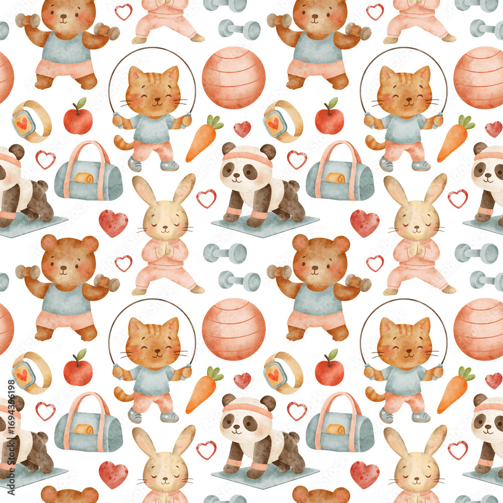 Obraz premium Cute watercolor seamless pattern with animals doing fitness, gym equipment, fruits and vegetables. Pastel colors, white background, perfect for kids designs, stickers, cards, textiles.