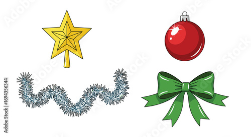 Sparkling festive Christmas decorations including a golden star red bauble green bow and blue tinsel garland for holiday celebration, Generative AI.