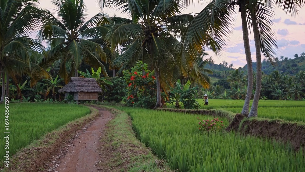 Obraz premium Dirt road in rice field. Male farmer in field with a field of rice. A tranquil tropical farm at sunset. A gravel path through a rice paddock lifestyle.