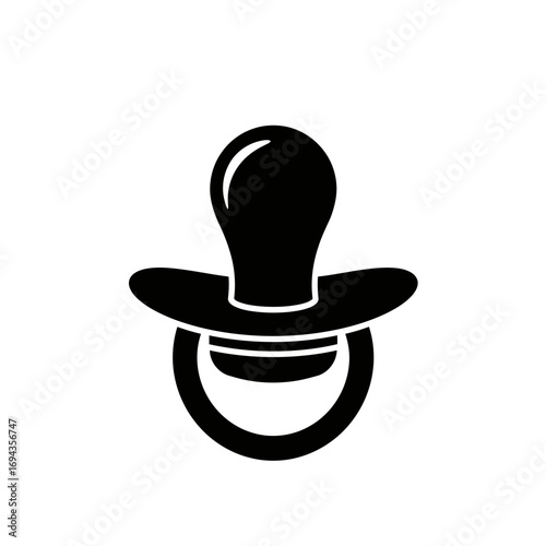 Simple black silhouette of a baby pacifier isolated on a white background, representing infant care and soothing needs