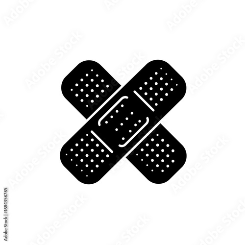 Simple Black Silhouette Icon of Two Crossed Adhesive Bandages Symbolizing First Aid, Wound Care, and General Medical Treatment or Injury Protection