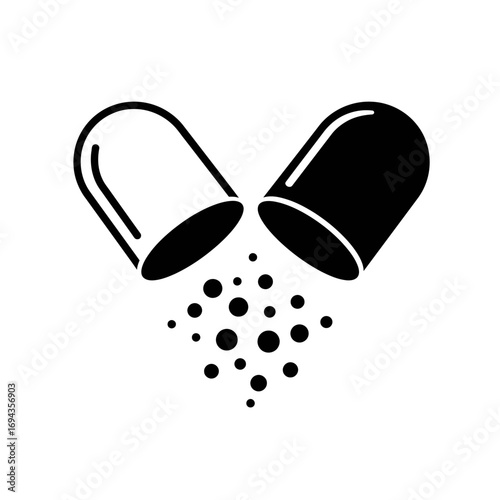 A detailed illustration of an open capsule with medication powder spilling out, representing medical treatment and health