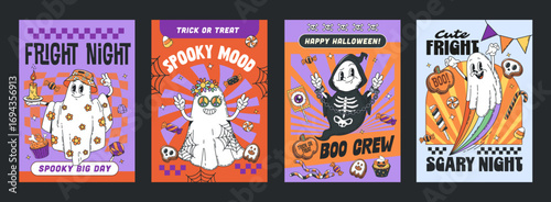 Funny groovy Halloween ghost characters posters, vector trick or treat horror night party. Cartoon retro y2k scary ghost and phantom boo characters, Halloween costumes and candies groovy posters set