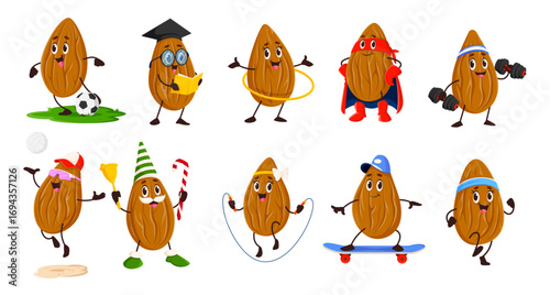 Cartoon funny almond nut characters engaged in fun activities, including sports, studying, and celebrations. Vector cute almond kernel personages are styled with glasses, superhero capes and hats