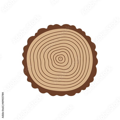 Organic circular pattern of tree growth rings in a log cross-section, a simple icon representing natural history and the passage of time