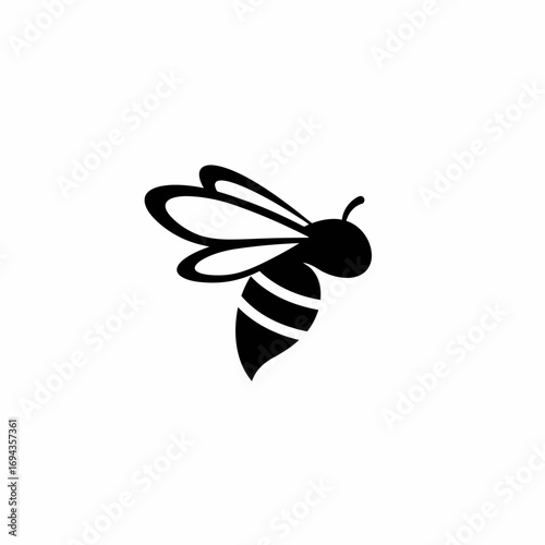 Minimalist black and white silhouette of a bee in flight, abstract and clean vector illustration, perfect for logos and branding