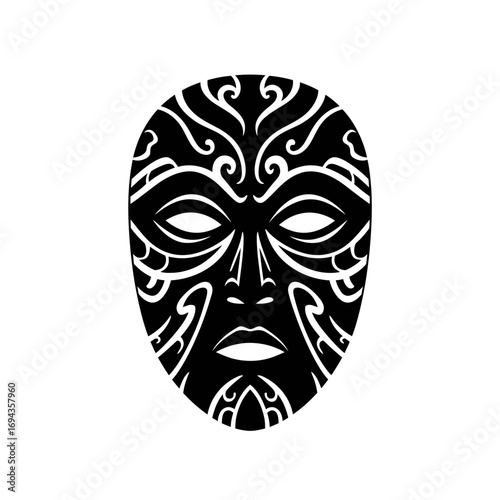 Intricate black and white stylized mask with ornate tribal patterns, reflecting ancient cultural art and mystery, perfect for decorative design elements