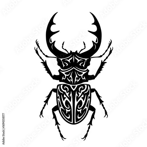 Stylized black stag beetle illustration with intricate tribal patterns, a symbol of natural power and unique design