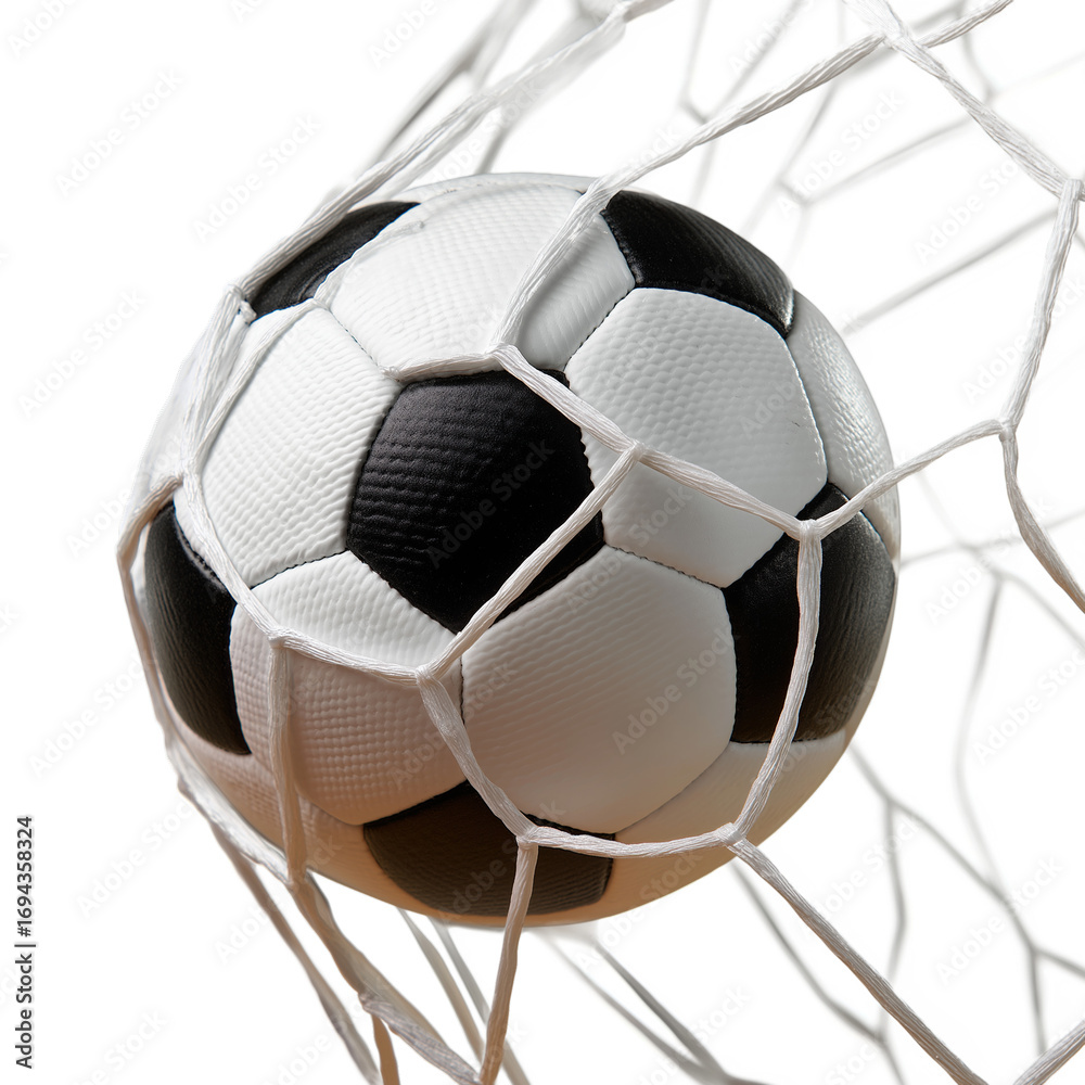 Naklejka premium Soccer Ball in Net Isolated on Transparent Background, Classic Sports Equipment, Goal Concept