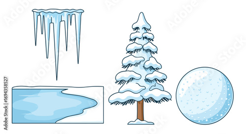 Captivating winter elements including icicles a snow-covered tree a snowball and icy water scene for festive designs, Generative AI.