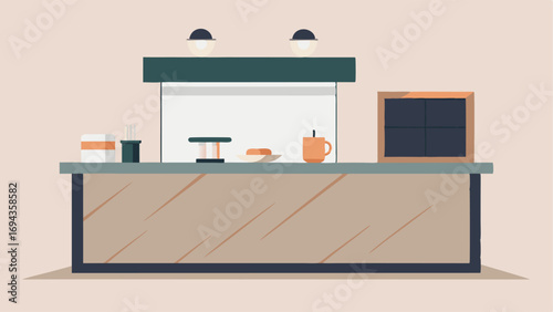 A minimalist counter with a marble top where customers can order their coffee and treats.
