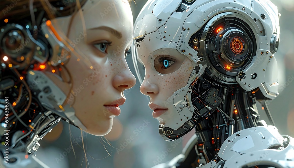 Fototapeta premium Close-up of a human and a robot face