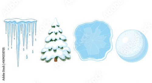 Vibrant winter icons featuring dripping icicles a snow-covered pine tree cracked ice and a snowball create a festive holiday mood, Generative AI.