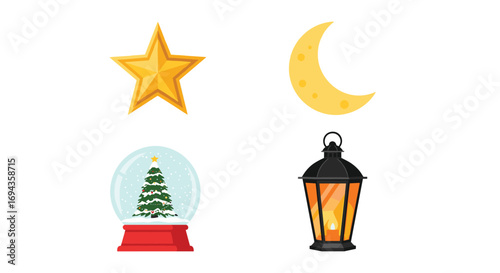 Golden star crescent moon festive snow globe and glowing lantern icons create a charming holiday and celestial visual set, Generative AI.