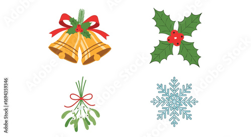 Festive Christmas icons including golden bells holly mistletoe and snowflake create a celebratory holiday mood, Generative AI.