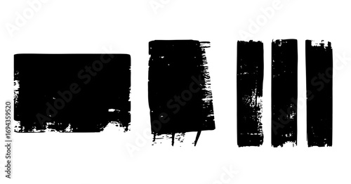 Abstract black paint shapes grunge textured elements isolated on white background