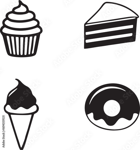 Simple line art icons of sweet treats cupcake cake slice ice cream cone and donut