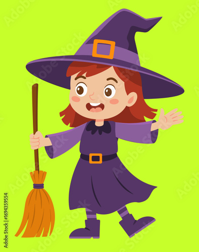 A cute little girl dressed as a friendly witch for Halloween holding a broom