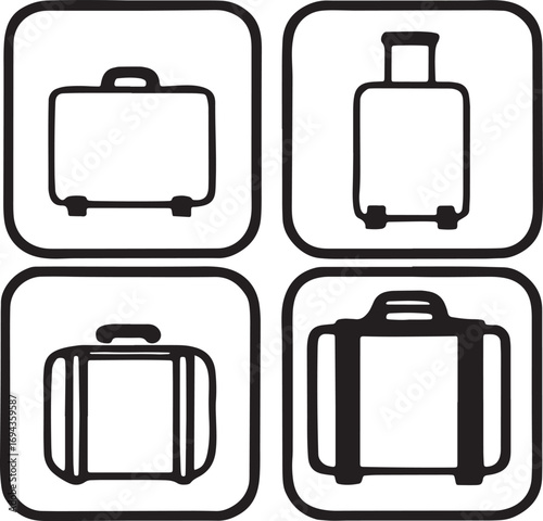 Collection of four outline icons representing different types of luggage and suitcases for travel