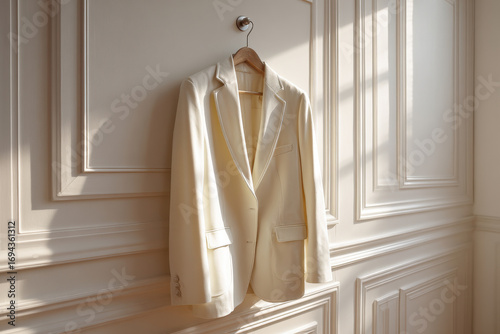 elegant coat hanging on hanger against clean white wall bathed in soft light from nearby window